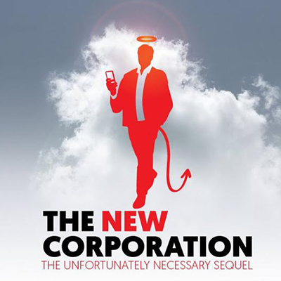 film poster for the new corporation: the unfortunately necessary sequel; shows a red outline of a man in a business suit with a halo and a devil's tail in front a cloud.