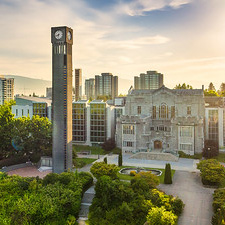 UBC clock tower, trees and surrounding buildings, by Hover Collective / UBC Brand & Marketing