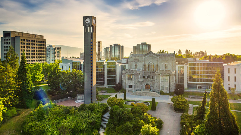 UBC clock tower, trees and surrounding buildings in panorama under a sunny blue sky, by Hover Collective / UBC Brand & Marketing