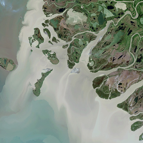 Mackenzie River, Northwest Territories aerial photo by the United States Geological Survey, with water and sediment flowing and winding inland
