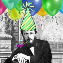 Photo of Fyodor Dostoevsky sitting in an interior with crown moulding resting one hand on top of another leaning on an armrest, with colourful balloons, striped conical hat, and party horn superimposed on him