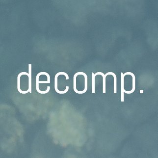 "decomp." in white lowercase letters against a teal background with cloud-like lighter impressions