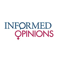 Informed opinions logo with speech bubble and female symbol as letter Os