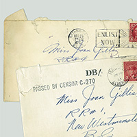Blue ink cursive handwriting on yellowed envelopes: "Miss Joan Gillis, RR #1, New Westminster, BC". Stamped on envelopes: "Passed by censor C-270" and postmarks.