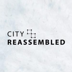 "City Reassembled" logo for the UBC Hong Kong Studies Initiative series, with two squares connected at a corner, against a mottled pale grey background