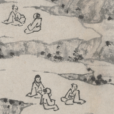 Dark grey ink brushed illustrations on beige paper of people in robes seated on rock outcrops, one standing and gazing at a short, tiered pagoda. Image: Detail from Shen Zhou (1427-1509), “Thousand Man Seat,” leaf from the album Twelve Views of Tiger Hill, Cleveland Museum of Art
