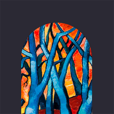 Painting of blue bare tree branches intertwining against a fiery orange sky, framed within a dark grey arch border