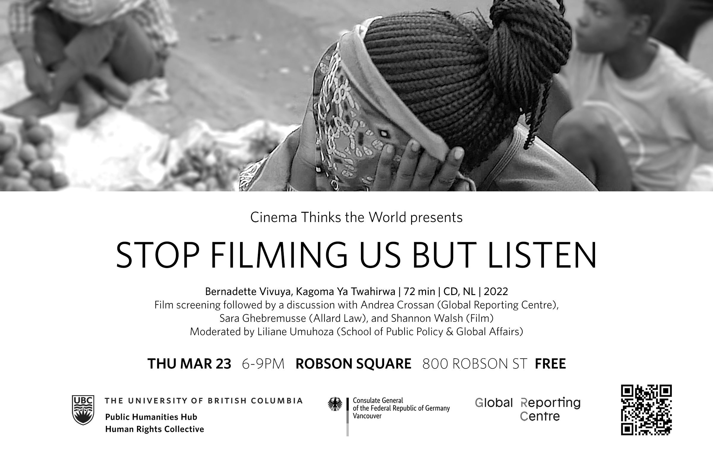 A person with long braided hair in a bun is holding up a red patterned scarf to obscure their face in the film poster for Stop Filming Us But Listen