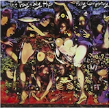 Album cover for Fully Completely by The Tragically Hip showing members of the band's faces and bodies with various multi-coloured objects pressed against a flatbed, designed by Lieve Prins.