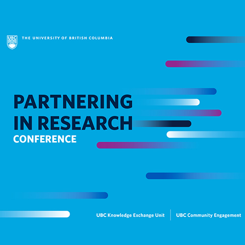 Decorative bi-directional lines in gradients of blue, purple and white surround the title "Partnering in Research Conference" organized by UBC Knowledge Exchange and UBC Community Engagement