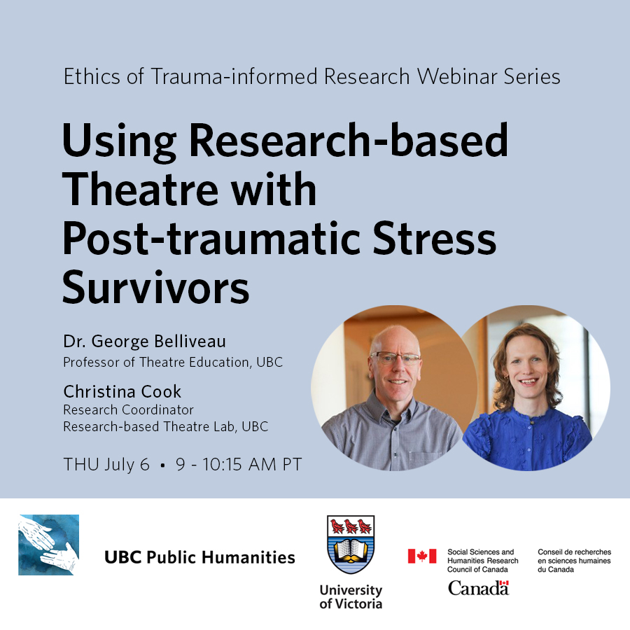 George Belliveau wearing a checked blue-grey button-down shirt, and Christina Cook wearing a cobalt blue blouse with puffed sleeves, smiling, in a sunlit room with turned wood furniture and column base, with details of their webinar "Using Research-based Theatre with Post-traumatic Stress Survivors" taking place July 6, 2023.
