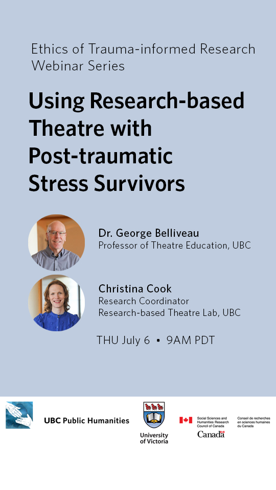 George Belliveau wearing a checked blue-grey button-down shirt, and Christina Cook wearing a cobalt blue blouse with puffed sleeves, smiling, in a sunlit room with turned wood furniture and column base, with details of their webinar "Using Research-based Theatre with Post-traumatic Stress Survivors" taking place July 6, 2023.