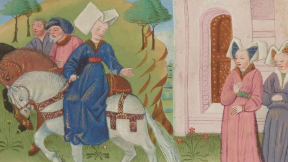Medieval painting of two people seeing three others off as they depart on horseback amid green hills, trees, and red-petaled flowers.