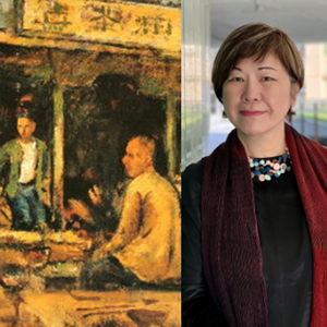 Professor Eva Kit Wah Man smiling, wearing a dark red scarf, portrait collaged with an amber-hued painting of two people outside a storefront with sign in Chinese
