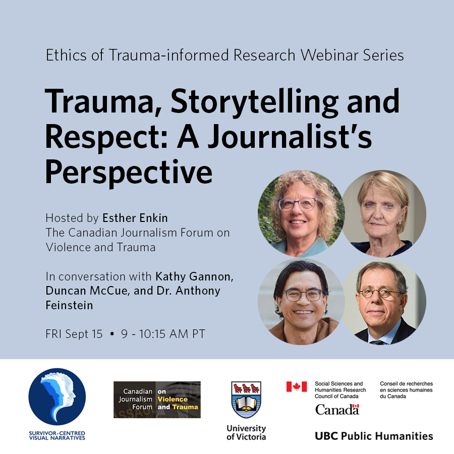 Photos of speakers for a panel discussion hosted by the Canadian Journalism Forum on Violence and Trauma, a webinar hosted by the UBC Public Humanities Hub, and UVic's Survivor-Centred Visual Narratives project, represented by illustrated profiles of human faces in a gradient of blue hues