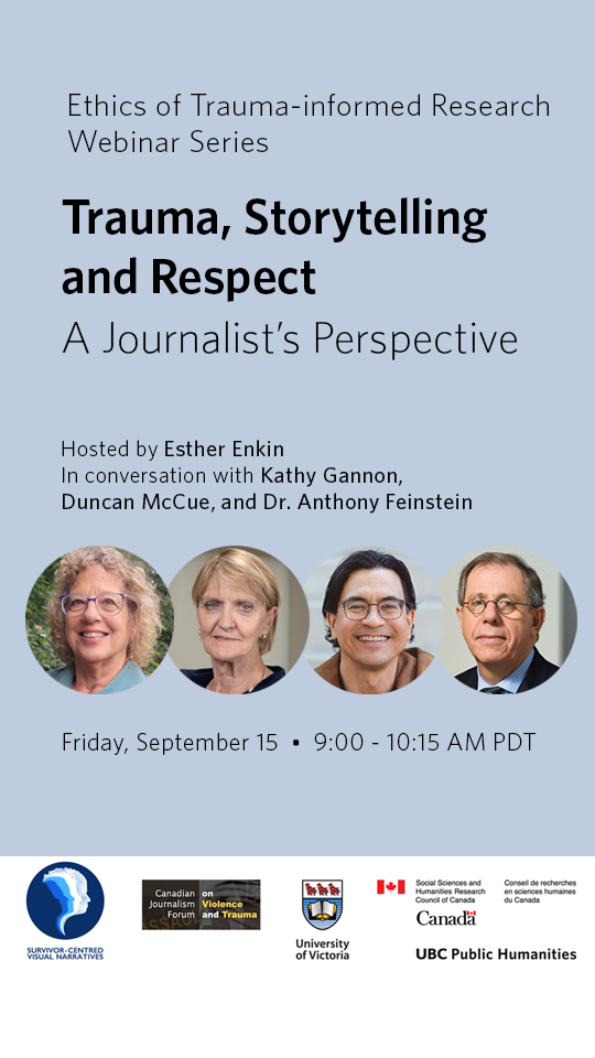Photos of speakers for a panel discussion hosted by the Canadian Journalism Forum on Violence and Trauma, a webinar hosted by the UBC Public Humanities Hub, and UVic's Survivor-Centred Visual Narratives project, represented by illustrated profiles of human faces in a gradient of blue hues