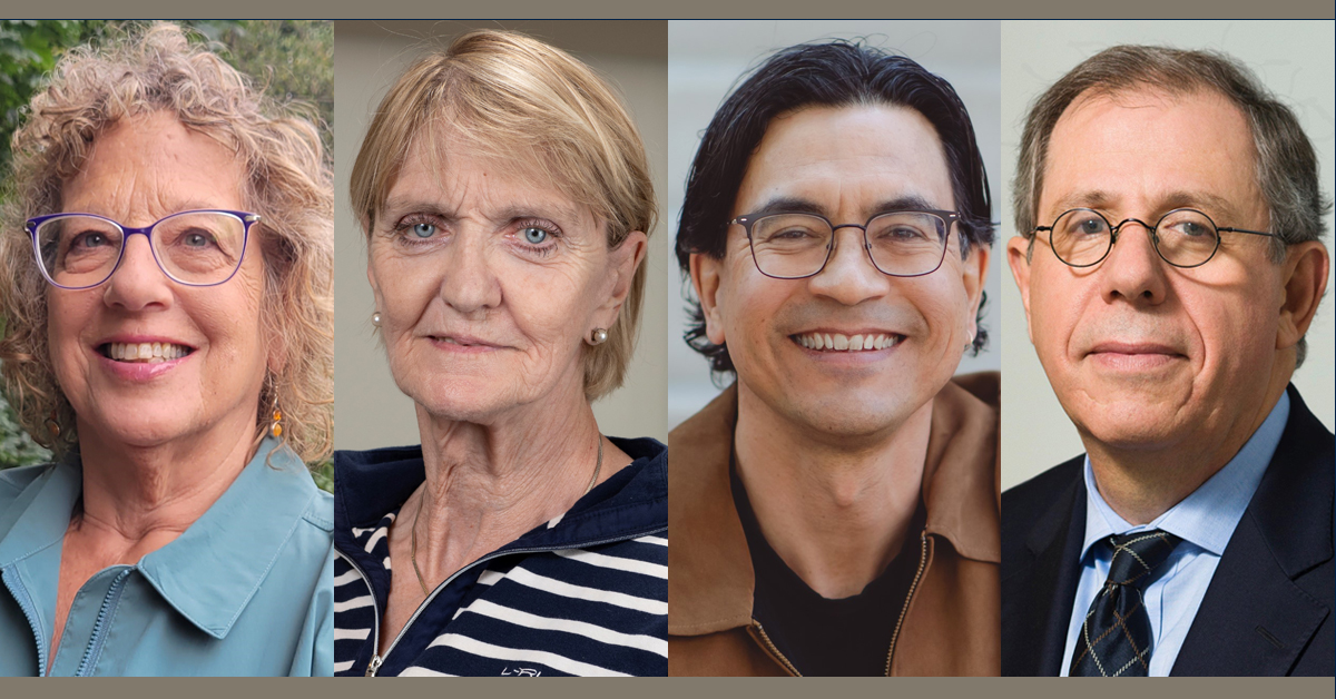 Side-by-side portraits of journalists Esther Enkin, Kathy Gannon, Duncan McCue, and Anthony Feinstein, smiling