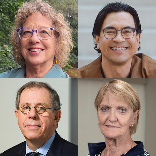 Portraits on a grid of Esther Enkin, Duncan McCue, Anthony Feinstein, and Kathy Gannon