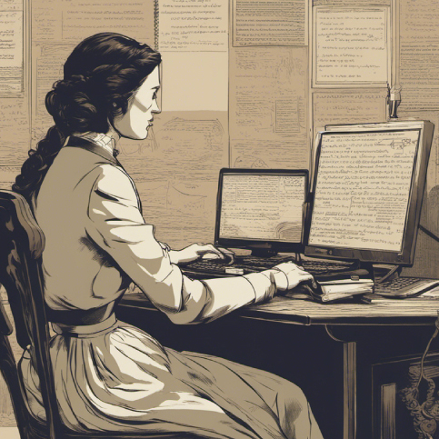 Vintage-styled illustration of a woman in 19th-century attire seated at a desk, working on a modern laptop and screen, with manuscripts and letters pinned to the wall behind her, generated by DreamSuite by Stability.ai