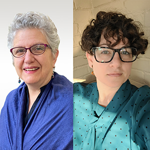 Dr Antoinette Burton smiling, wearing a cobalt blue shawl and red-rimmed glasses, and Dr Jenny L. Davis, smiling, wearing a polka-dotted green blouse and tortoiseshell-rimmed glasses