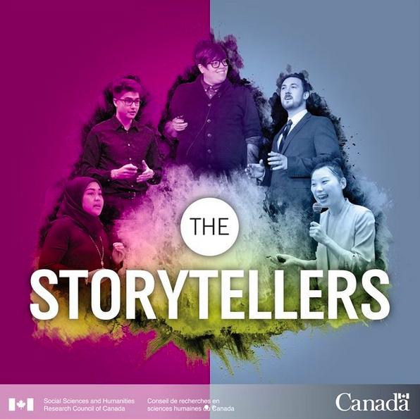 5 speakers addressing out-of-frame audiences, collaged, representatives of participants in the advertised Storytellers Challenge in white text, held by the Social Sciences and Humanities Research Council of Canada