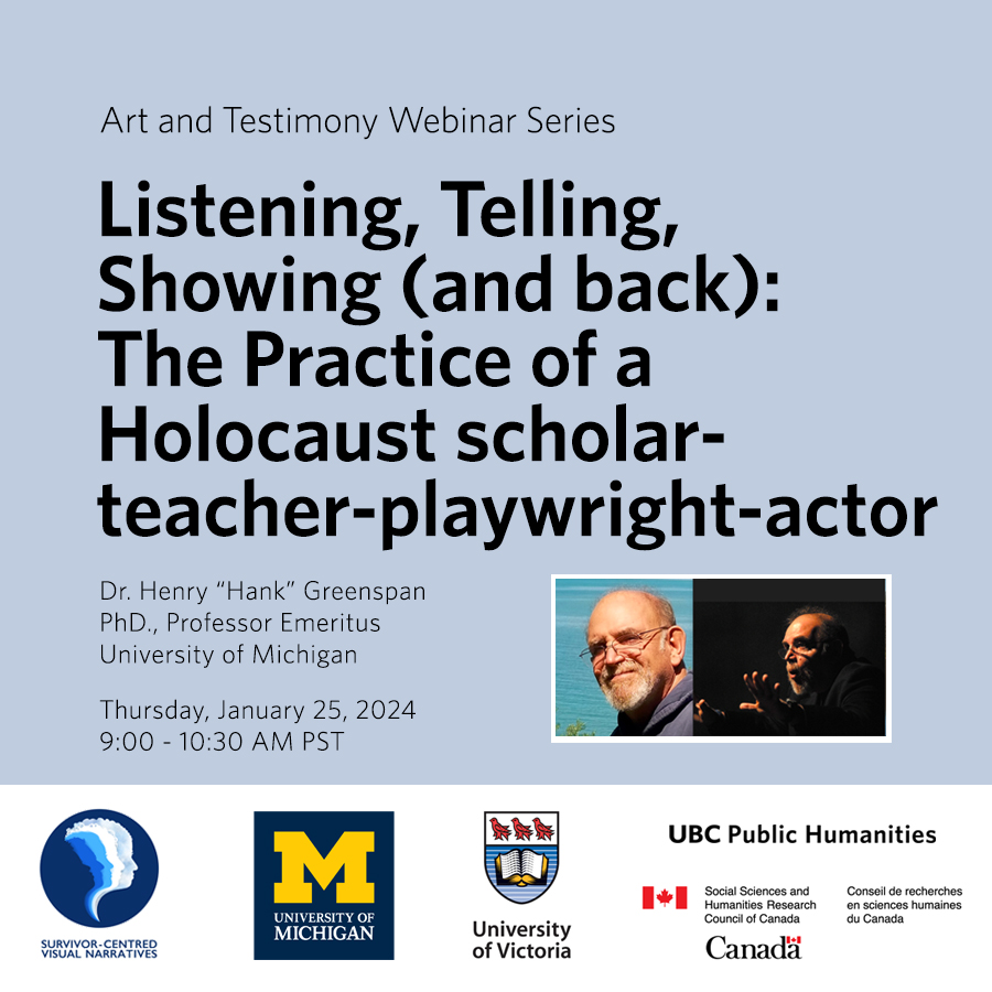 Dr. Hank Greenspan in two poses: Smiling on a sunny day in front of a turquoise-coloured body of water, and lit with a spotlight, in the middle of speaking and gesturing with both hands outstretched in front of him, with details of his webinar "Listening, Telling, Showing (and back): The Practice of a Holocaust scholar-teacher-playwright-actor" taking place January 25, 2024