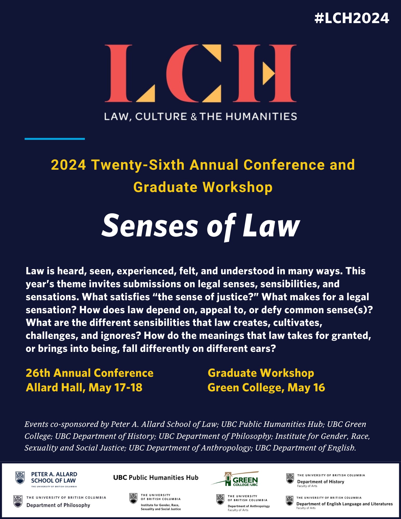 Event poster that reads, "Law, Culture and the Humanities: 2024 Twenty-Sixth Annual Conference and Graduate Workshop, Senses of Law"