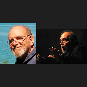 Dr. Hank Greenspan in two poses: Smiling on a sunny day in front of a turquoise-coloured body of water, and lit with a spotlight, in the middle of speaking and gesturing with both hands outstretched in front of him