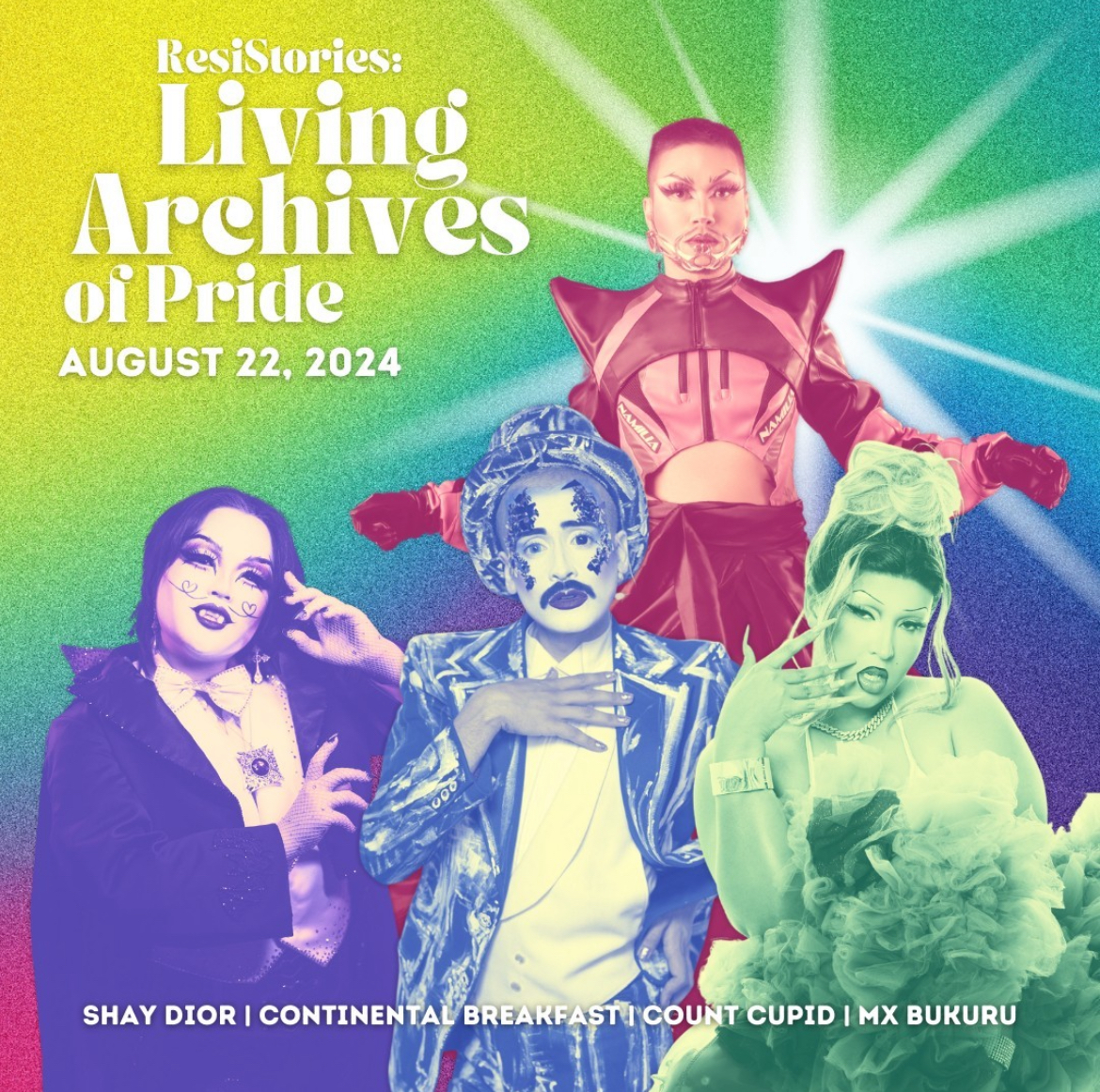 Event poster that reads, "ResiStories: Living Archives of Pride" with the headshots of 4 drag artists on a rainbow background