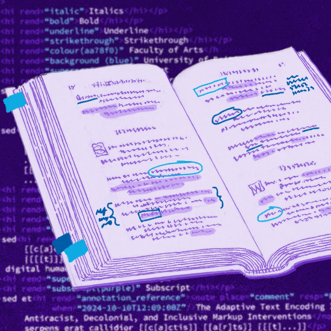 An open book against a purple background with code