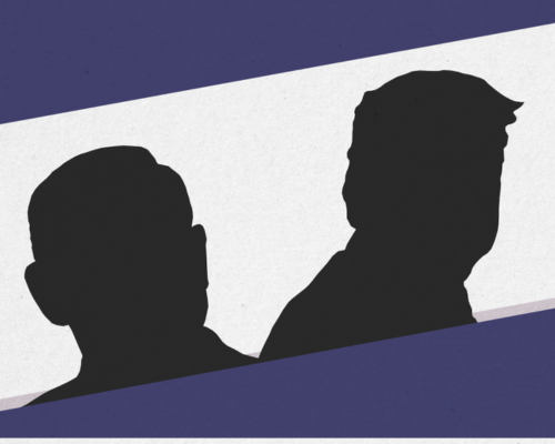 Silhouette of Donald Trump and Benjamin Netanyahu with dark purple framing at the upper left and lower right corners.