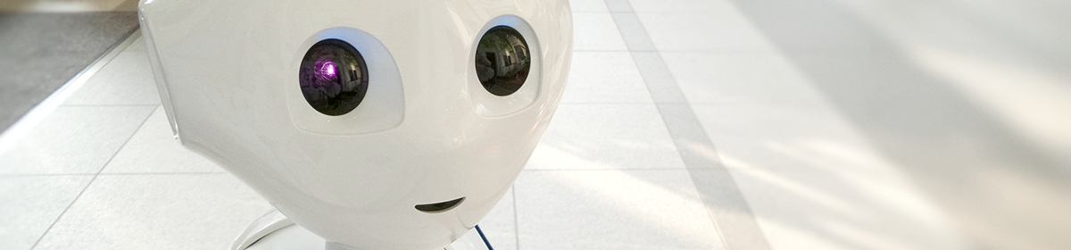 Close-up of a robot's smiling face with a white background.